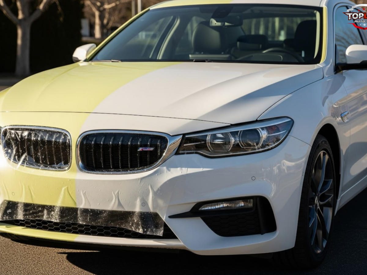 Carro branco recebendo película PPF no capô